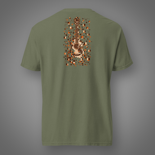 Acoustic - Beautifully Unplugged geometric guitar back-print T-shirt in moss, Candidate H studio mockup