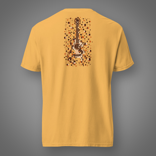 Acoustic - Beautifully Unplugged geometric guitar back-print T-shirt in mustard, Candidate H studio mockup