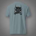 Cab-Over Diesel Legacy back-print truck T-shirt in ice blue on Candidate H studio background