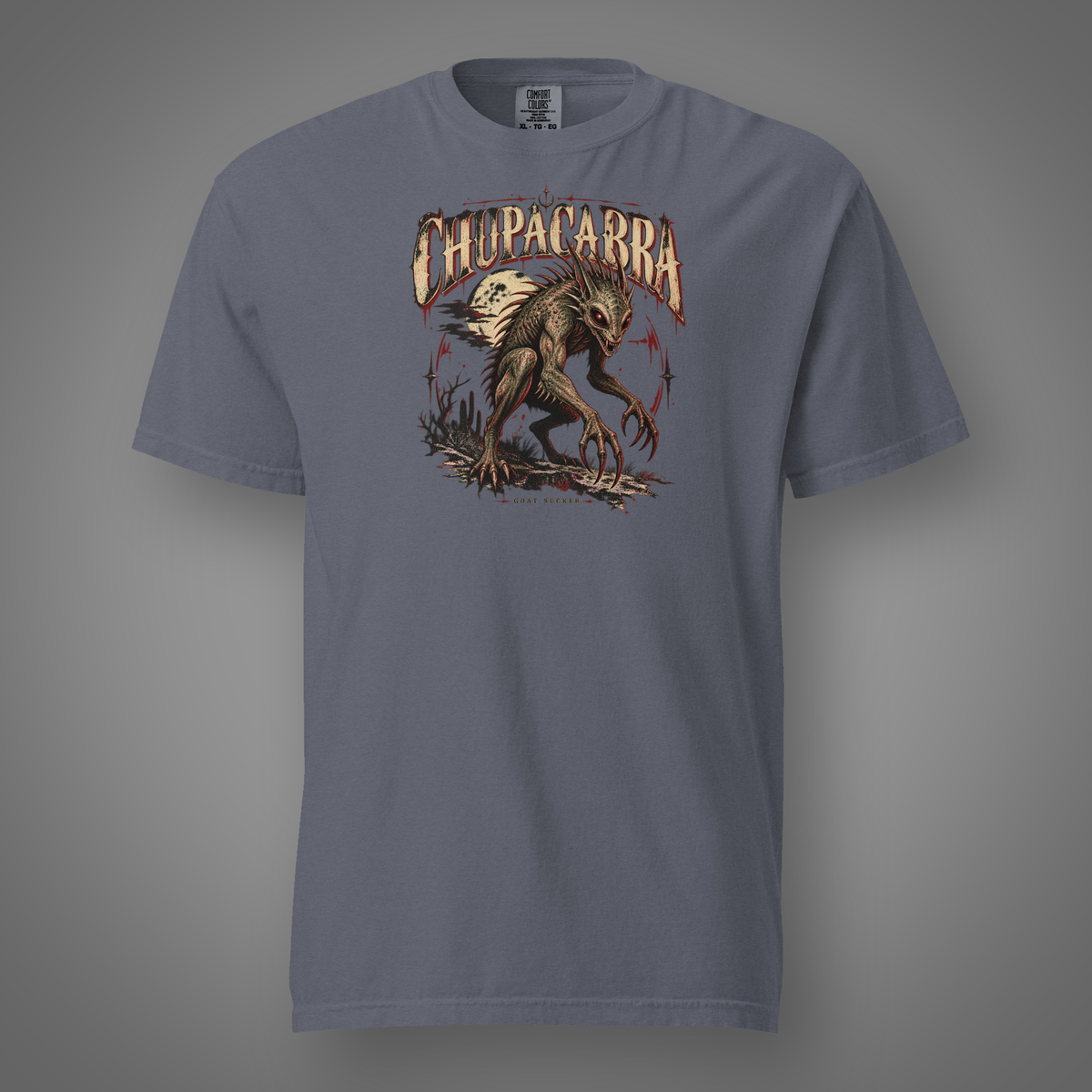 Chupacabra – Cryptid front-print monster artwork on denim T-shirt, Candidate H gray studio background