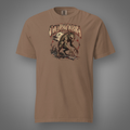 Chupacabra – Cryptid front-print monster artwork on espresso T-shirt, Candidate H gray studio background