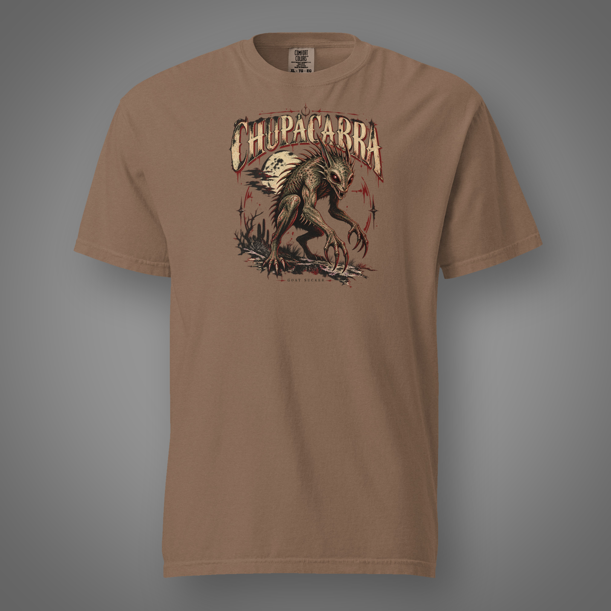Chupacabra – Cryptid front-print monster artwork on espresso T-shirt, Candidate H gray studio background
