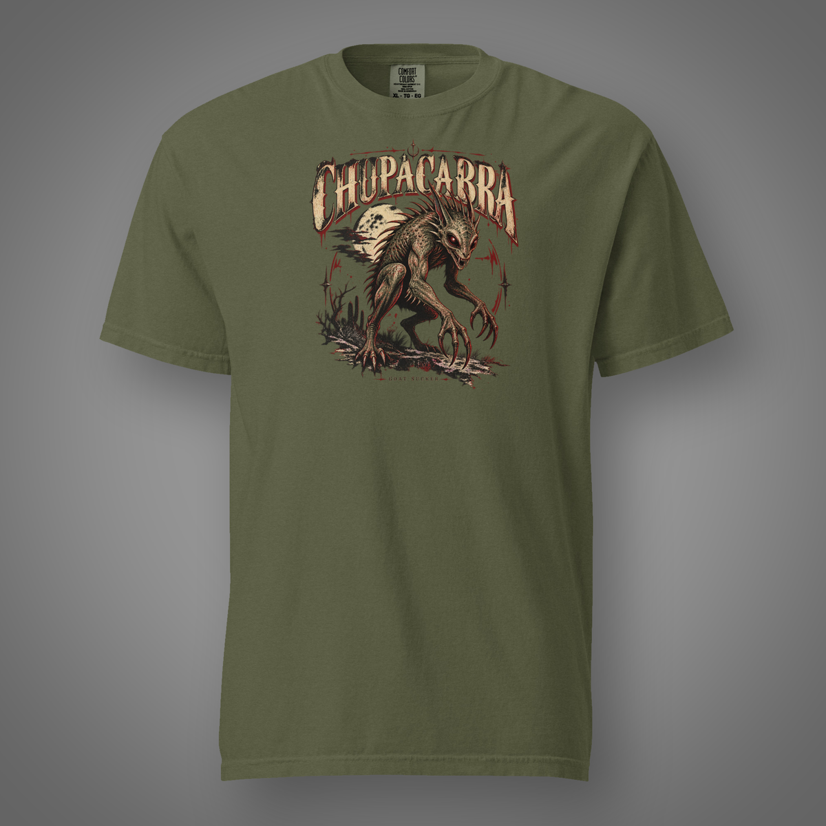 Chupacabra – Cryptid front-print monster artwork on hemp T-shirt, Candidate H gray studio background