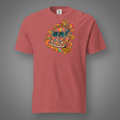 Far Out – Daydream Express psychedelic van front-print T-shirt in crimson, Candidate H gray studio background