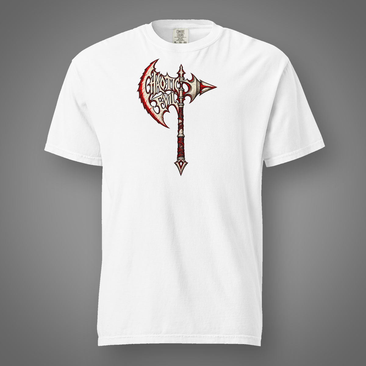 Chaotic Evil – Alignment battle-axe graphic T-shirt in White, front studio mockup