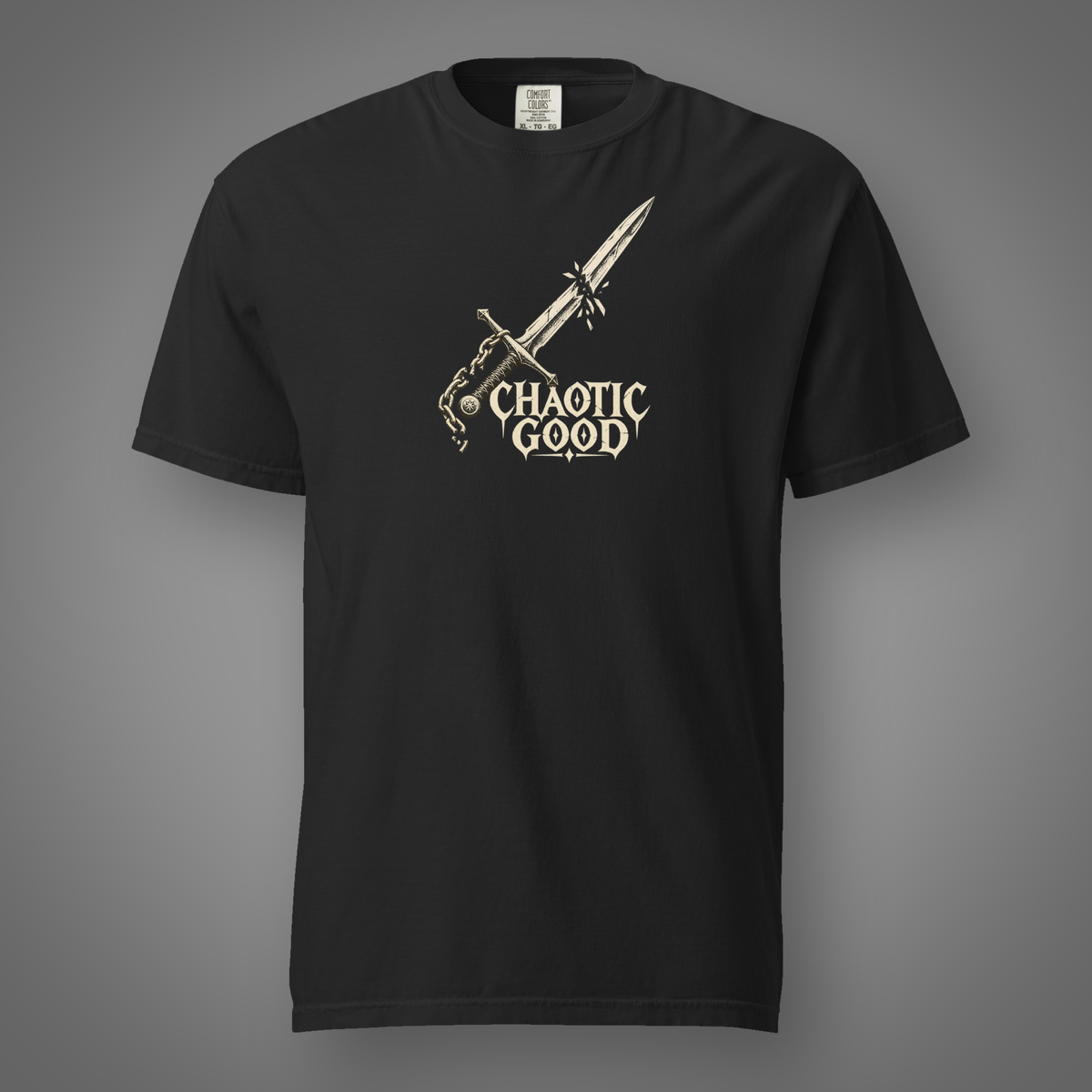 Chaotic Good alignment graphic t-shirt in Black, FeralSpark studio mockup