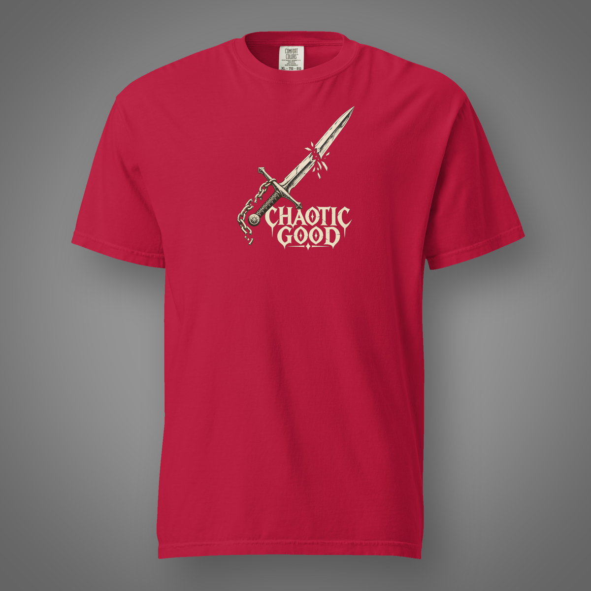 Chaotic Good alignment graphic t-shirt in Red, FeralSpark studio mockup