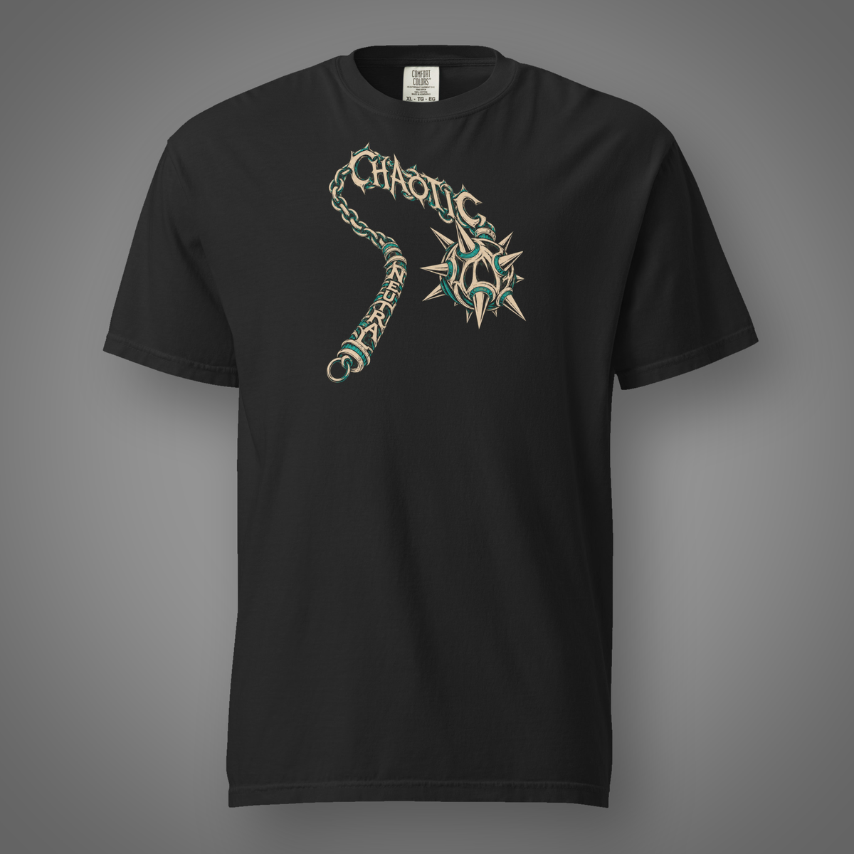 Chaotic Neutral alignment graphic t-shirt in Black, FeralSpark studio mockup