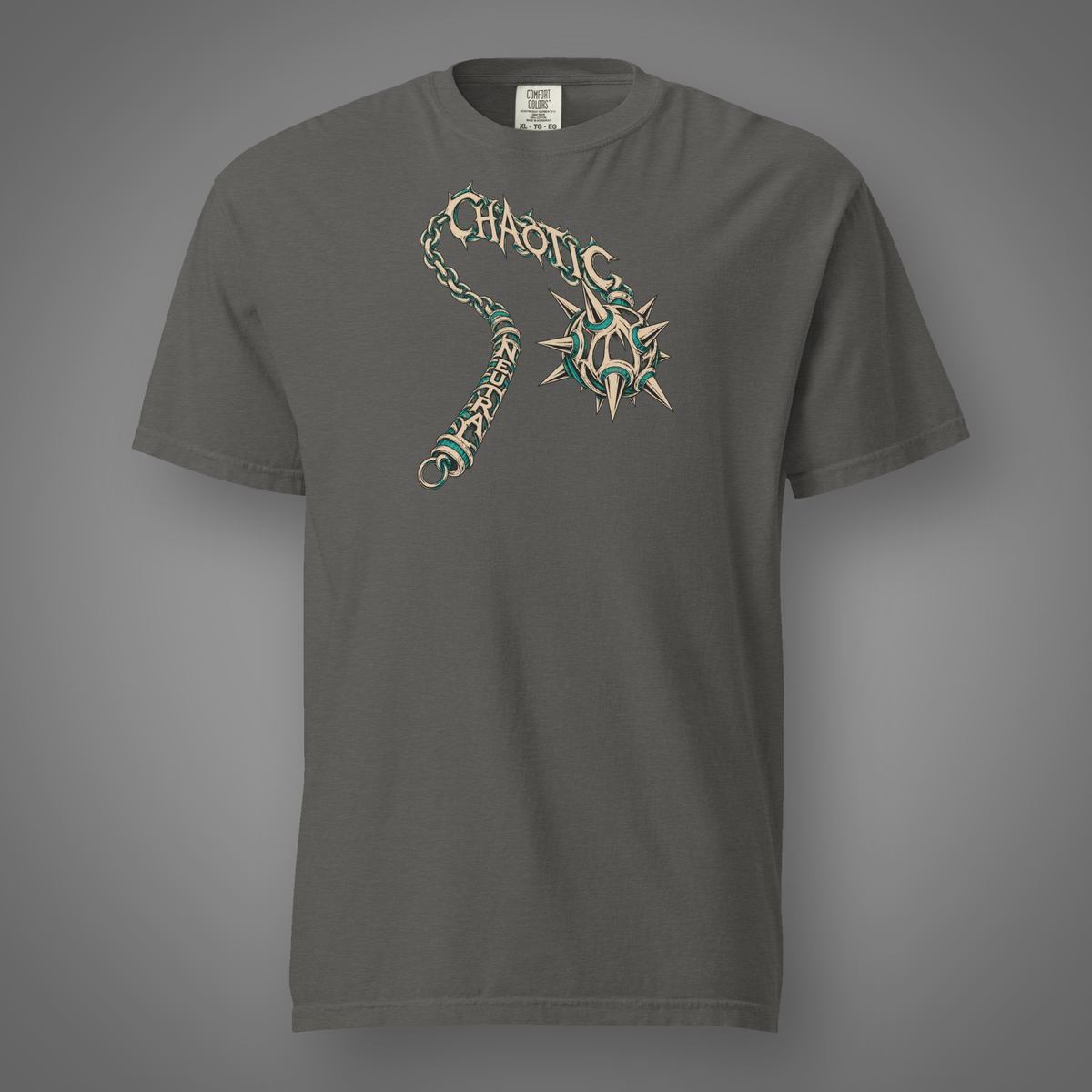 Chaotic Neutral alignment graphic t-shirt in Pepper, FeralSpark studio mockup