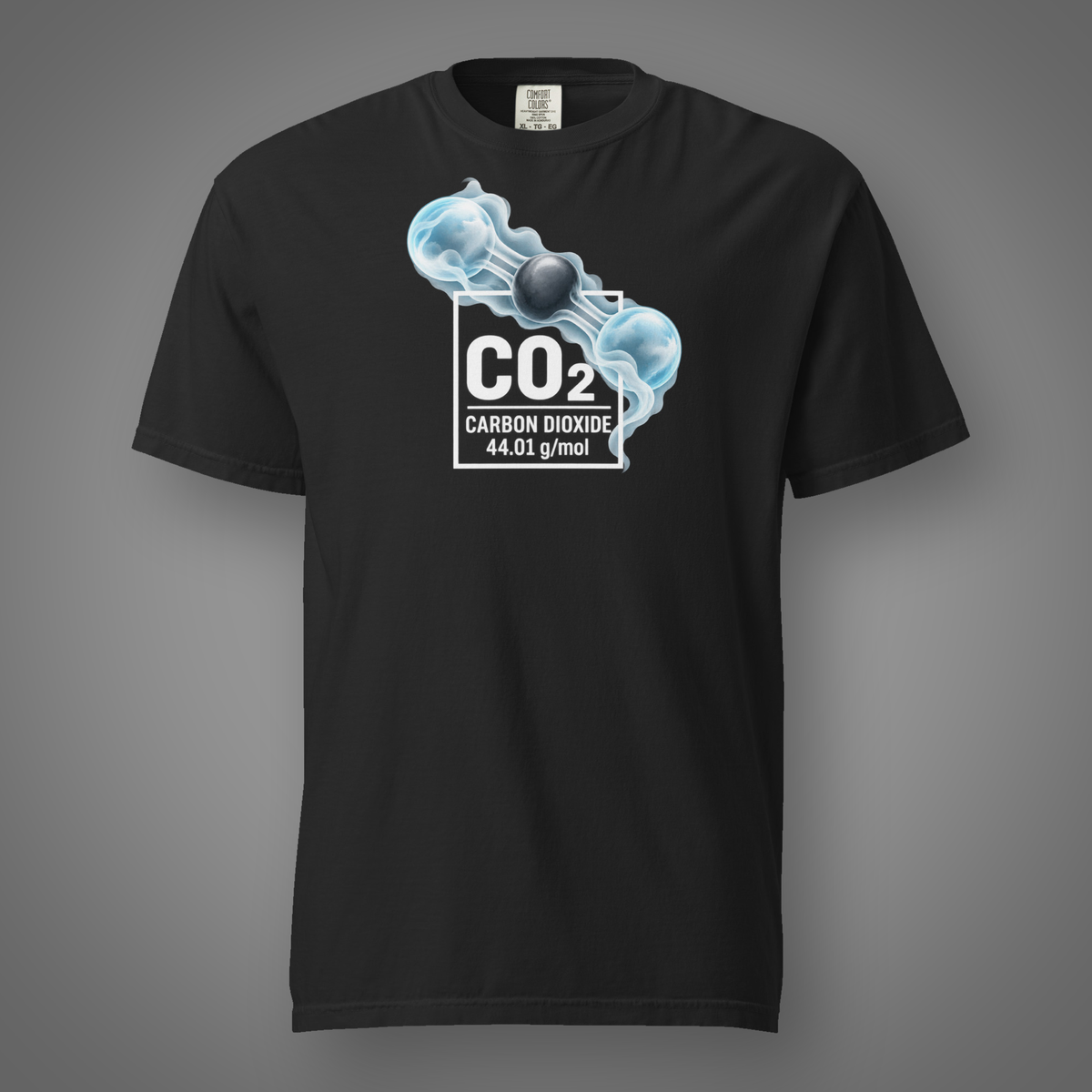 Carbon Dioxide molecular graphic tee black front studio