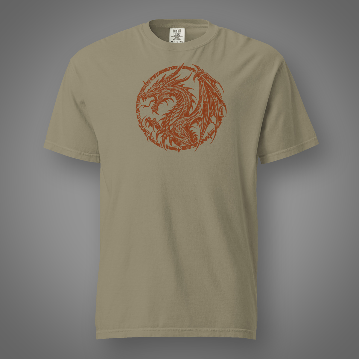 Dragon Seal – Mythic sandstone T-shirt front studio mockup