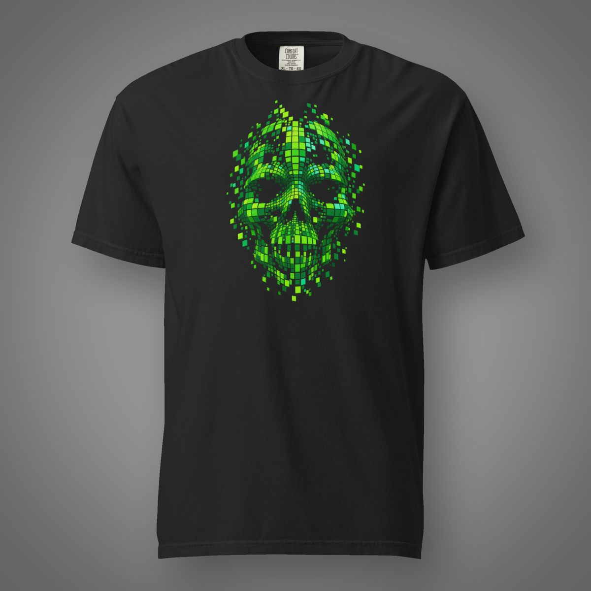 Glitch Face - Skull graphic T-shirt in black, front studio mockup