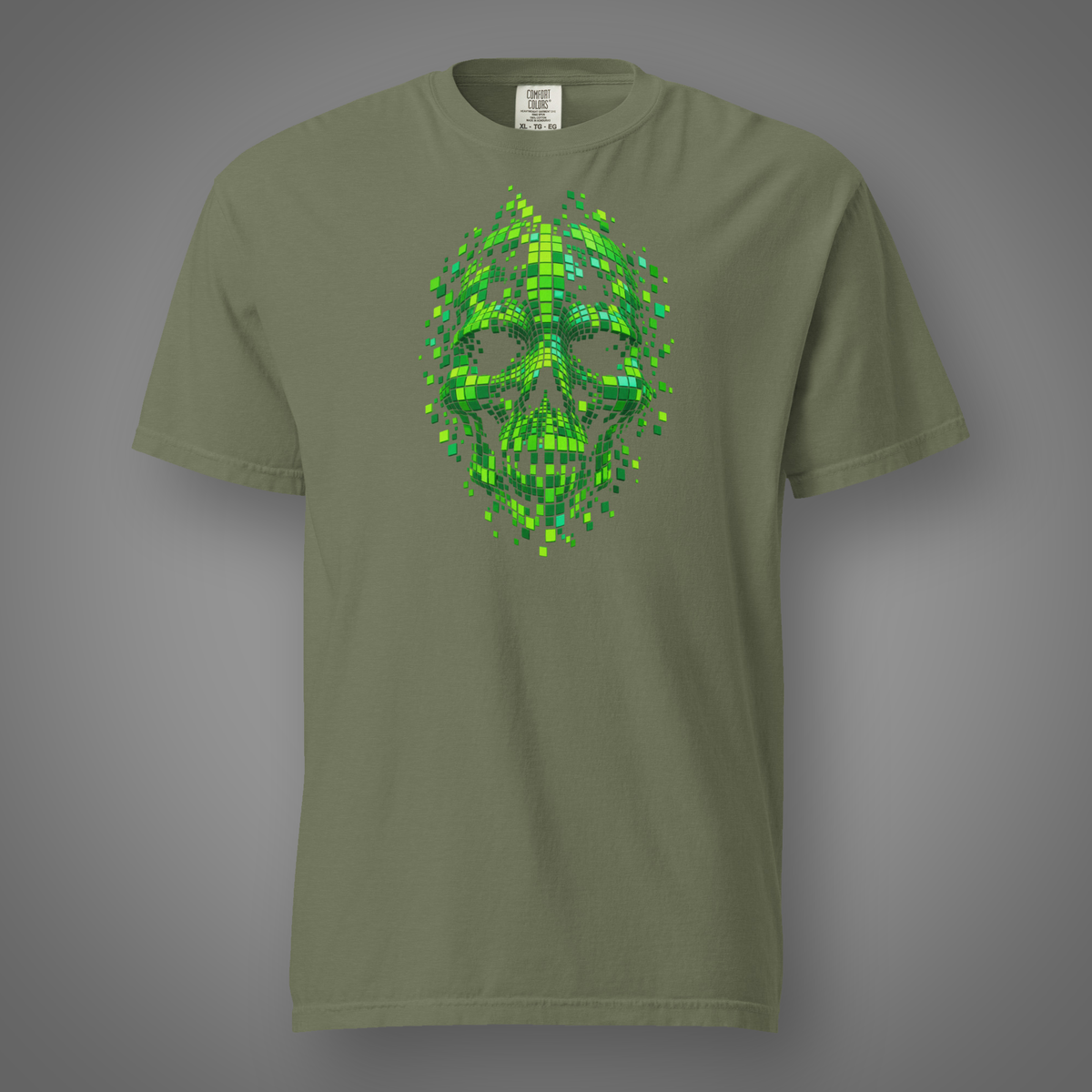Glitch Face - Skull graphic T-shirt in moss, front studio mockup