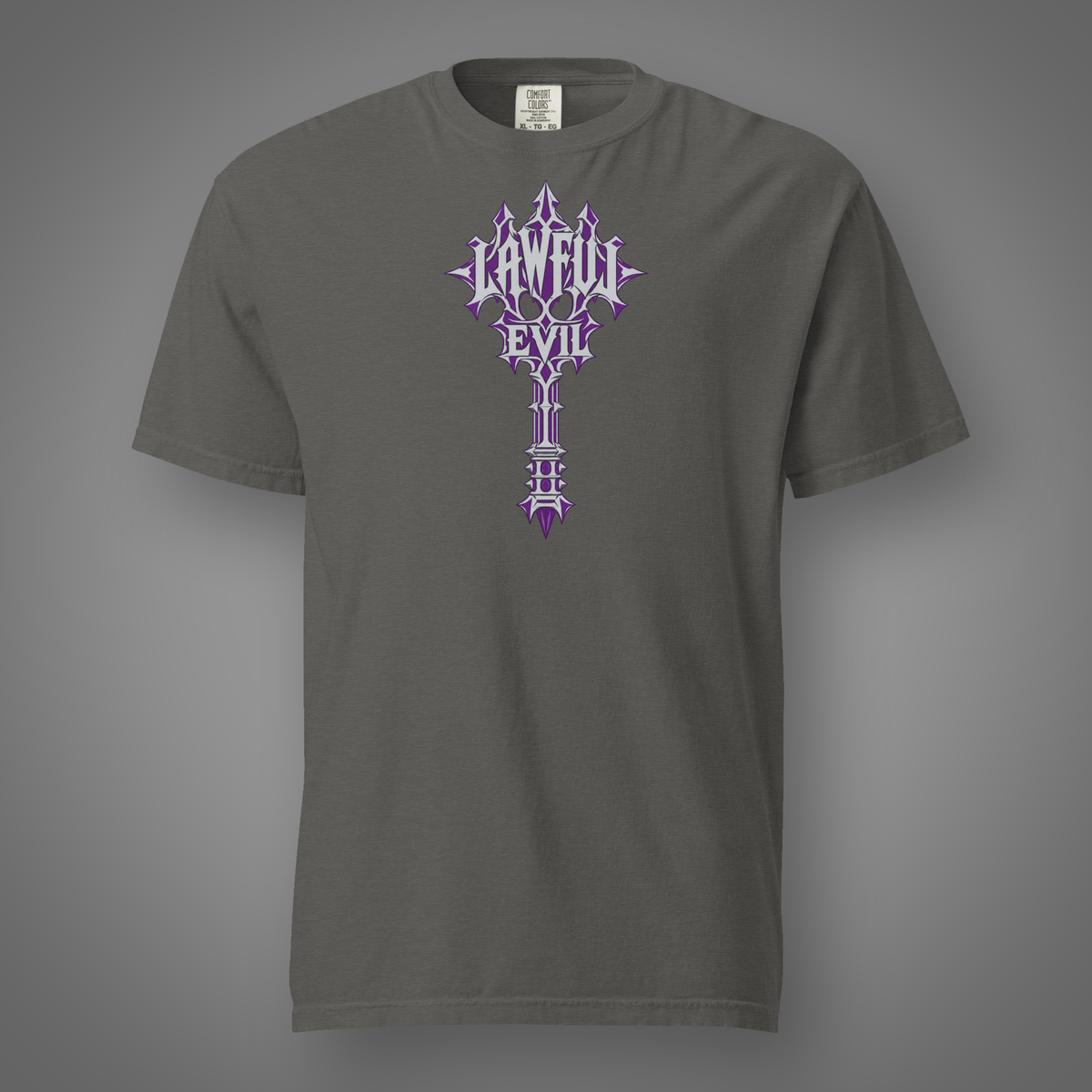 Lawful Evil alignment graphic t-shirt in Pepper, FeralSpark studio mockup