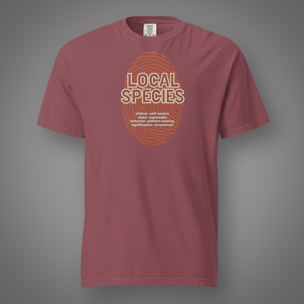 Local Species - Human fingerprint graphic T-shirt in brick, front studio mockup