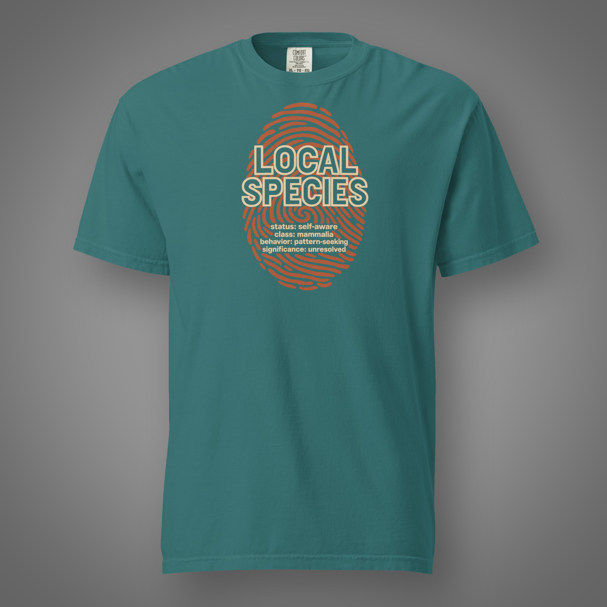 Local Species - Human fingerprint graphic T-shirt in emerald, front studio mockup