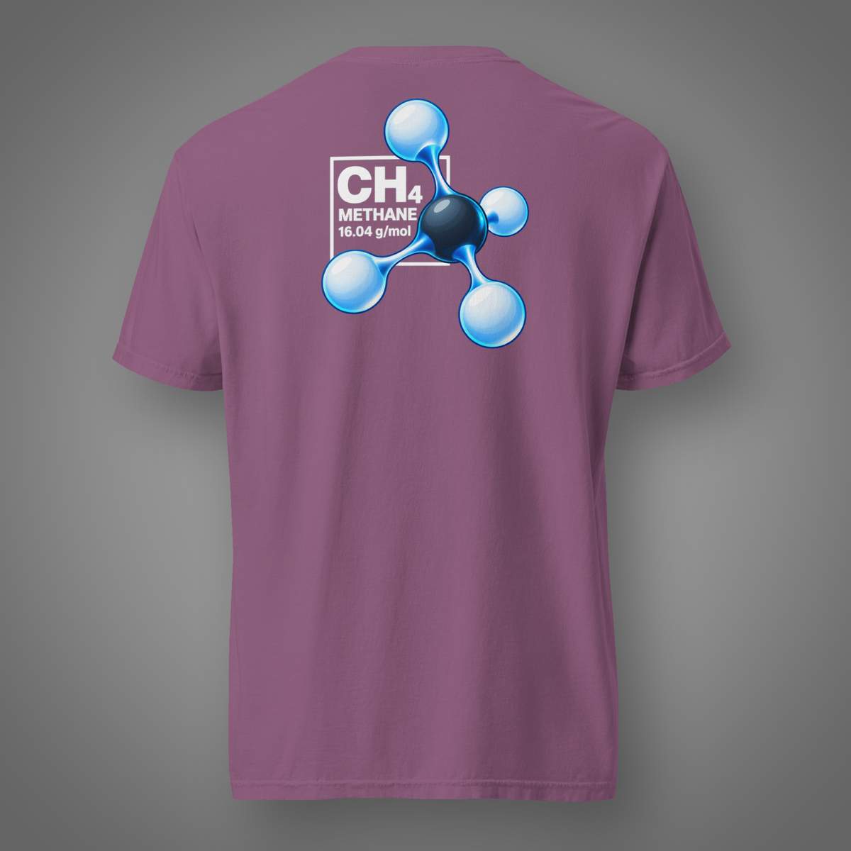 Methane – CH₄ molecular science back-print T-shirt in Berry