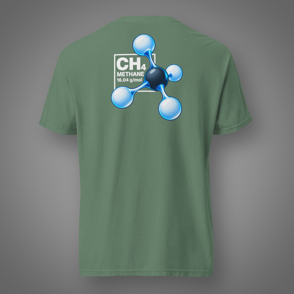 Methane – CH₄ molecular science back-print T-shirt in Light Green