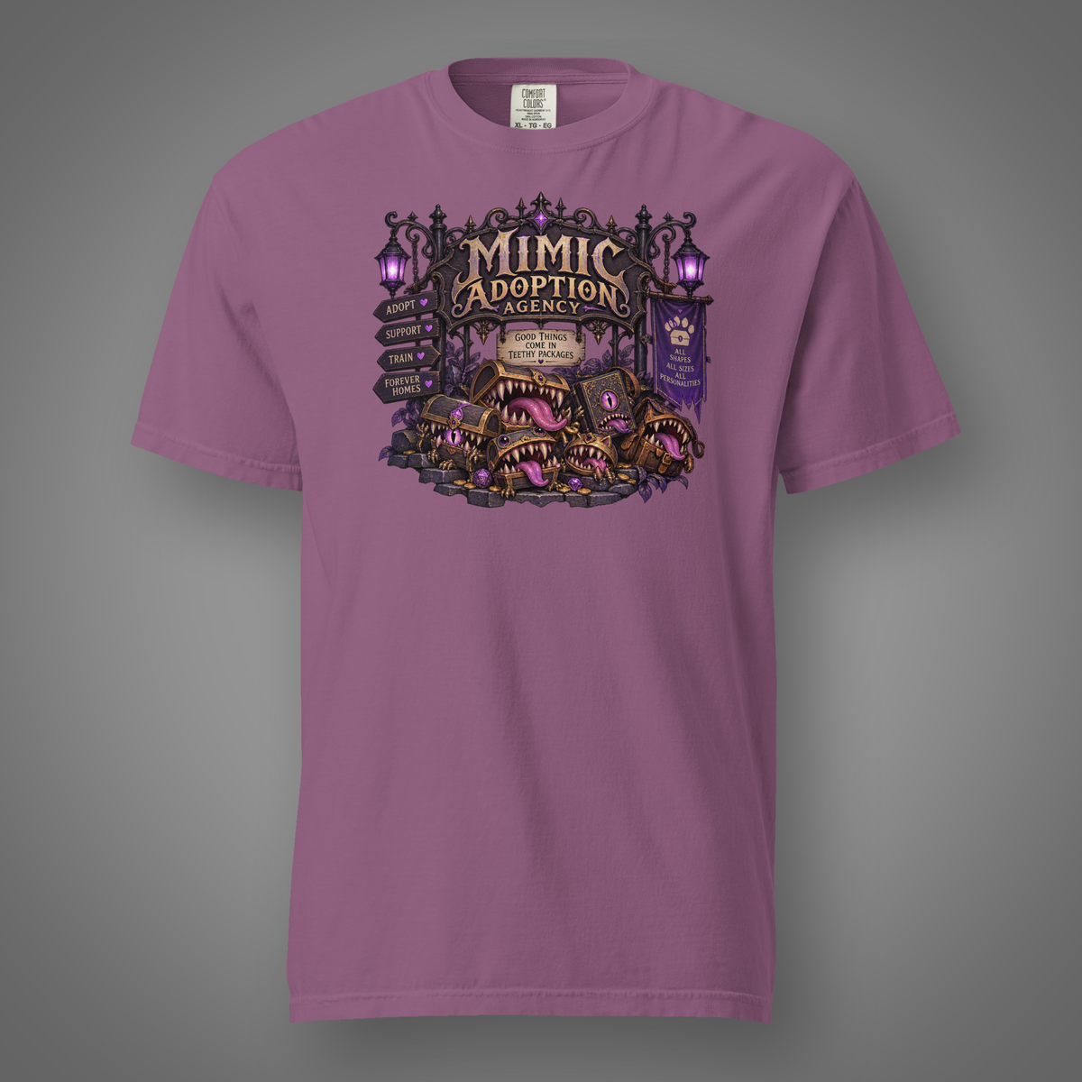 Mimic Adoption - Pets berry T-shirt front studio mockup