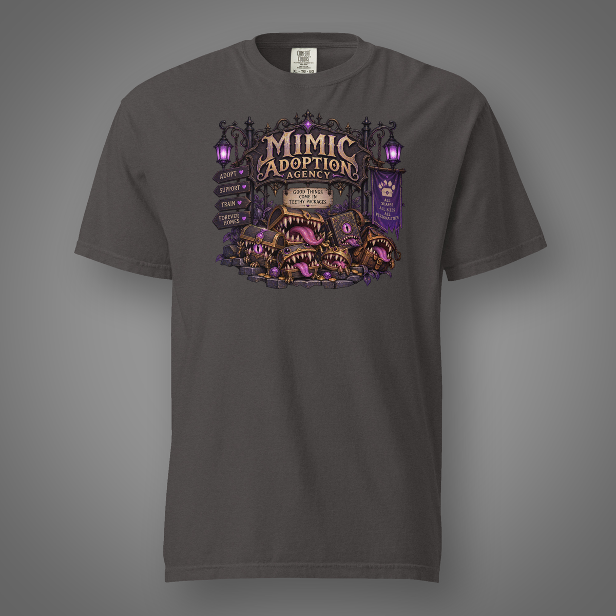 Mimic Adoption - Pets graphite T-shirt front studio mockup
