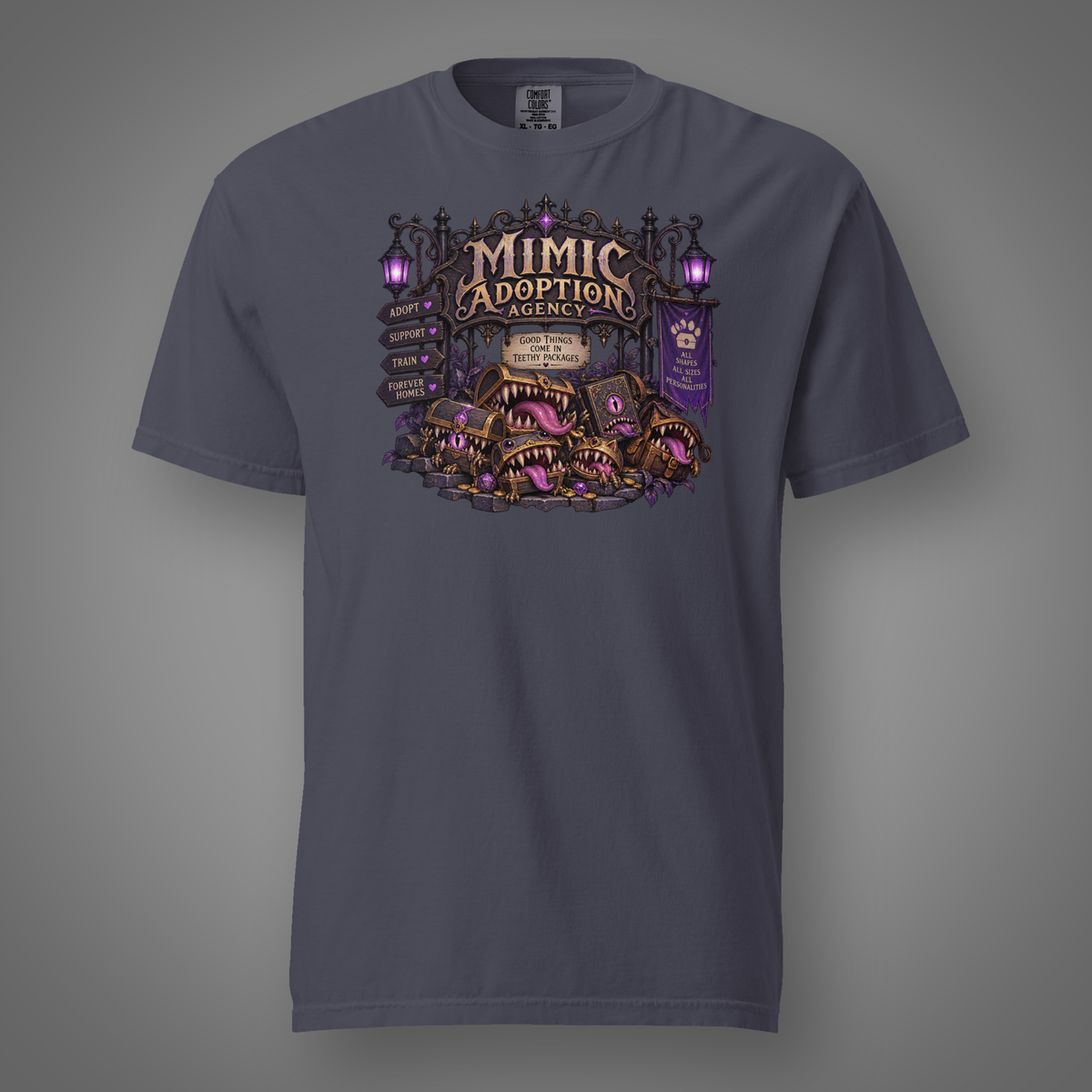 Mimic Adoption - Pets navy T-shirt front studio mockup