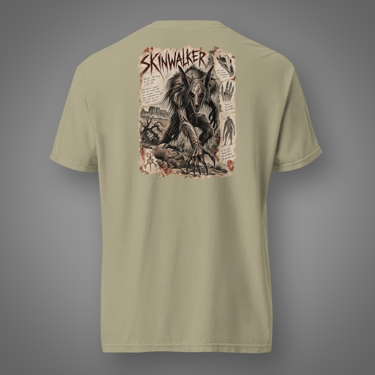 Skinwalker - Dark Entity horror graphic T-shirt in Khaki