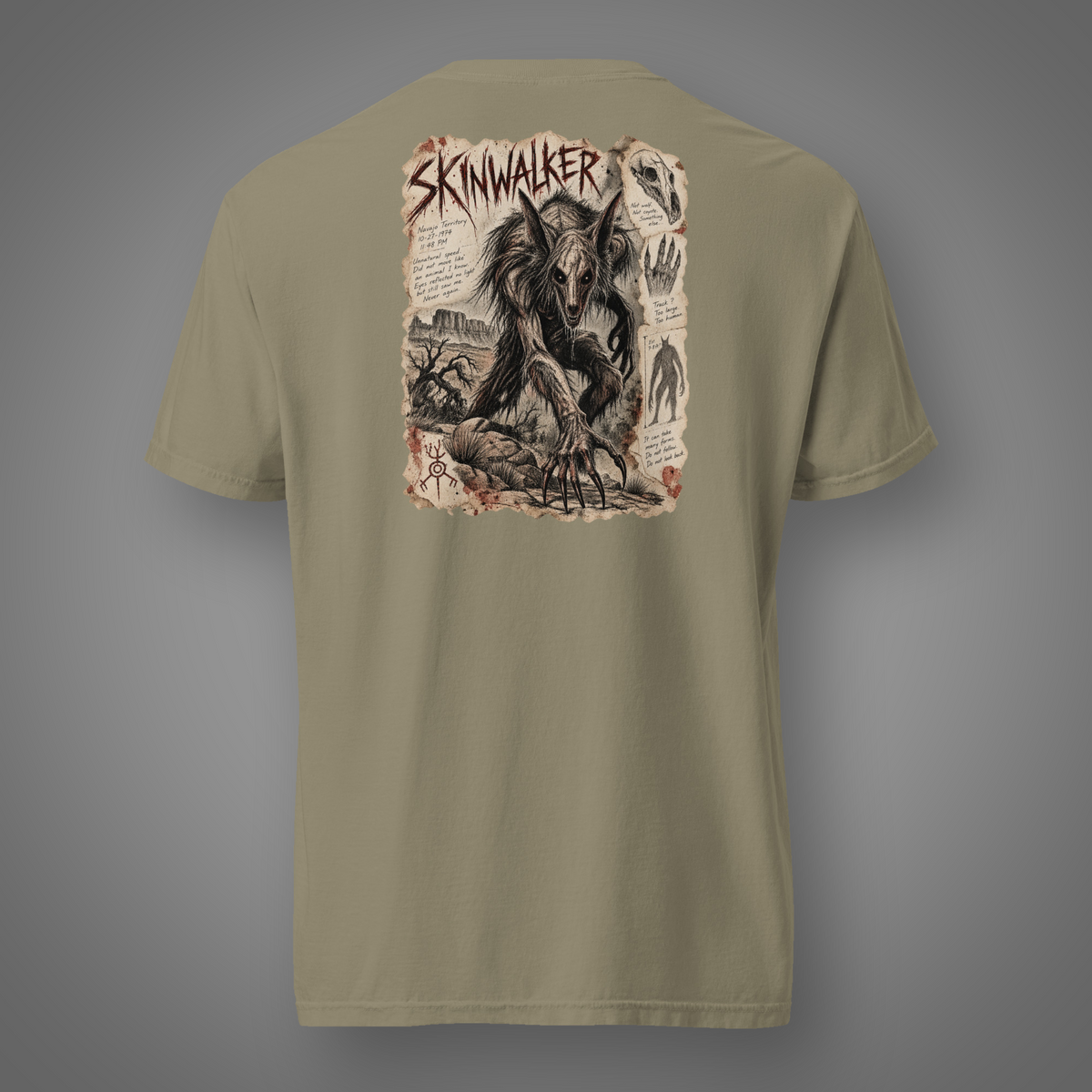 Skinwalker - Dark Entity horror graphic T-shirt in Sandstone