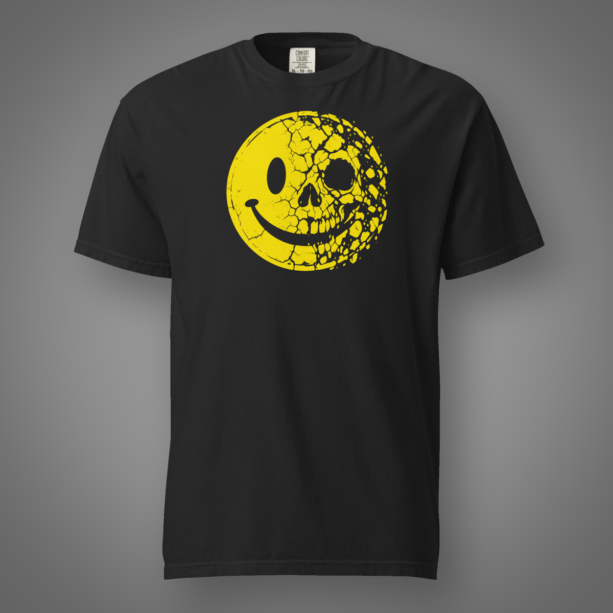 Smiley Face - Skull graphic T-shirt in Black, front studio mockup