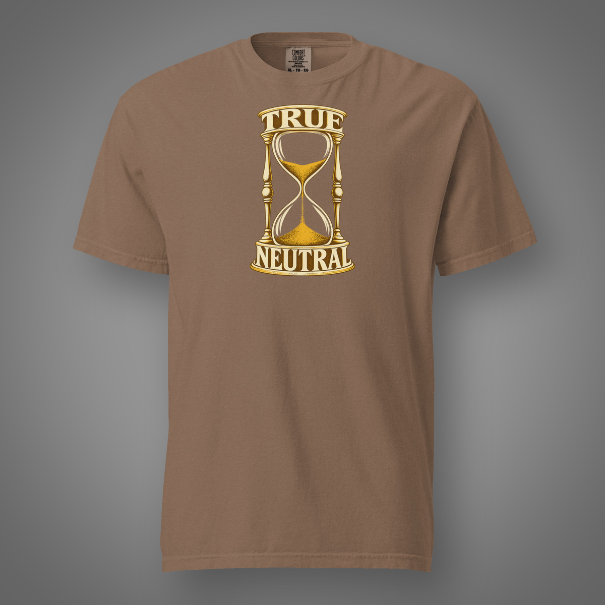 True Neutral alignment hourglass graphic t-shirt in Espresso, FeralSpark studio mockup