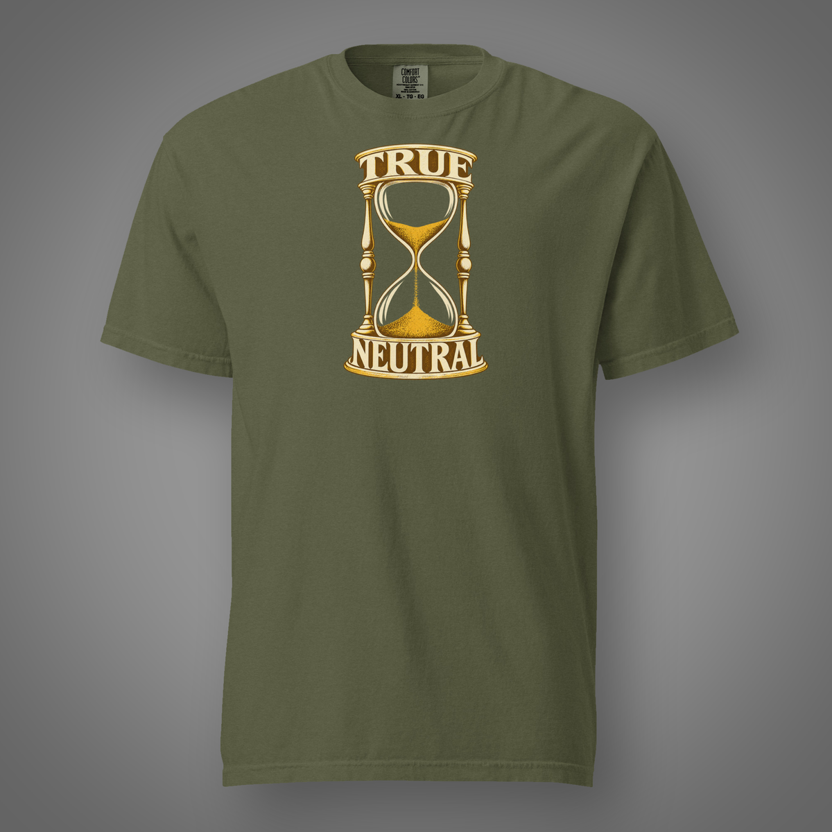 True Neutral alignment hourglass graphic t-shirt in Hemp, FeralSpark studio mockup