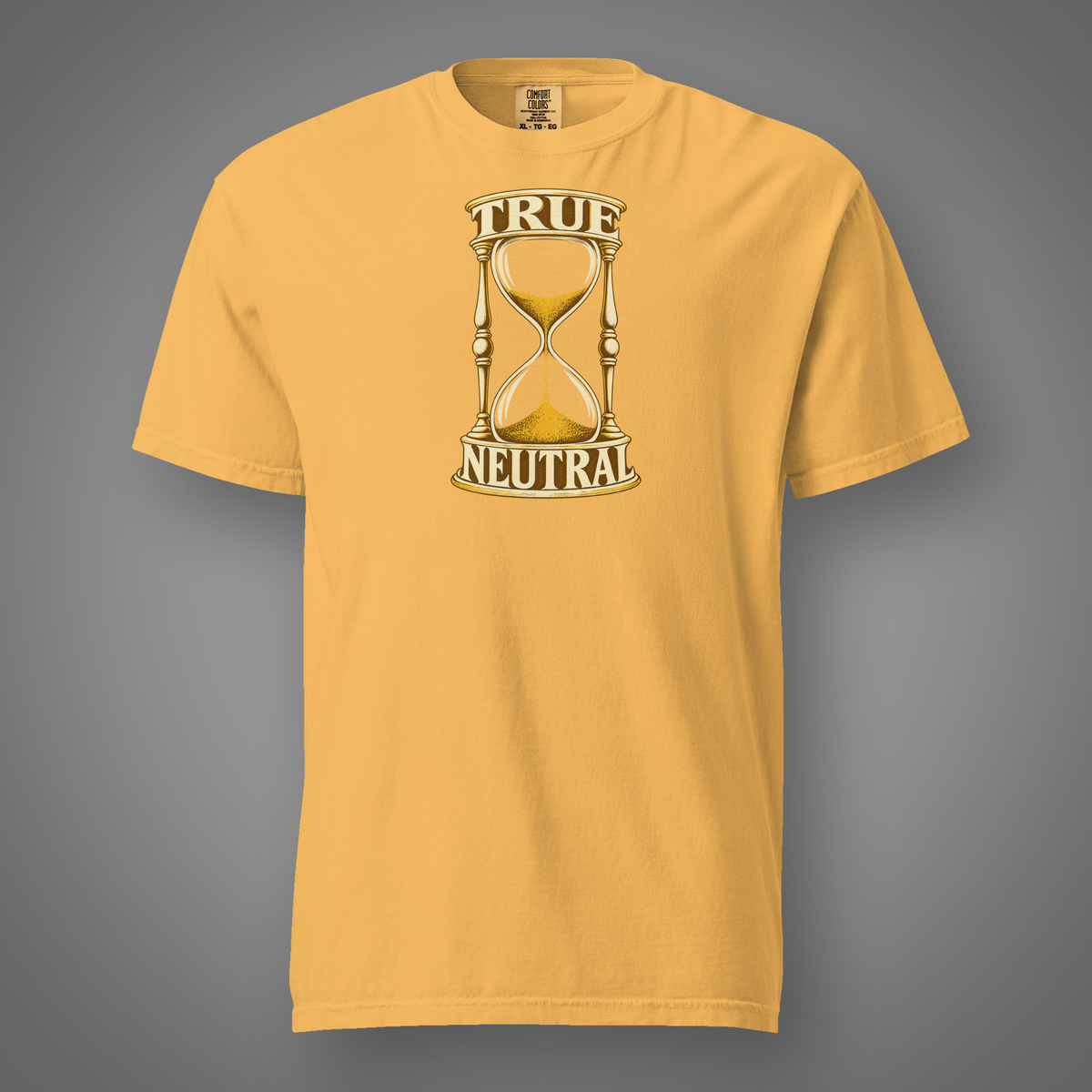 True Neutral alignment hourglass graphic t-shirt in Mustard, FeralSpark studio mockup