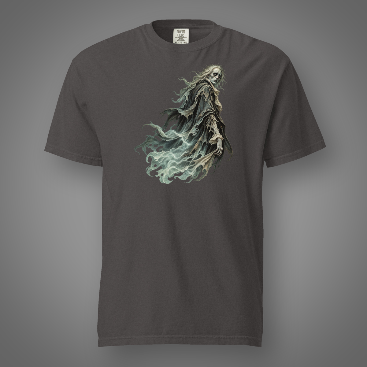 Victorian Ghost – Gothic front-print graphite T-shirt with Candidate H studio background and floating drop shadow