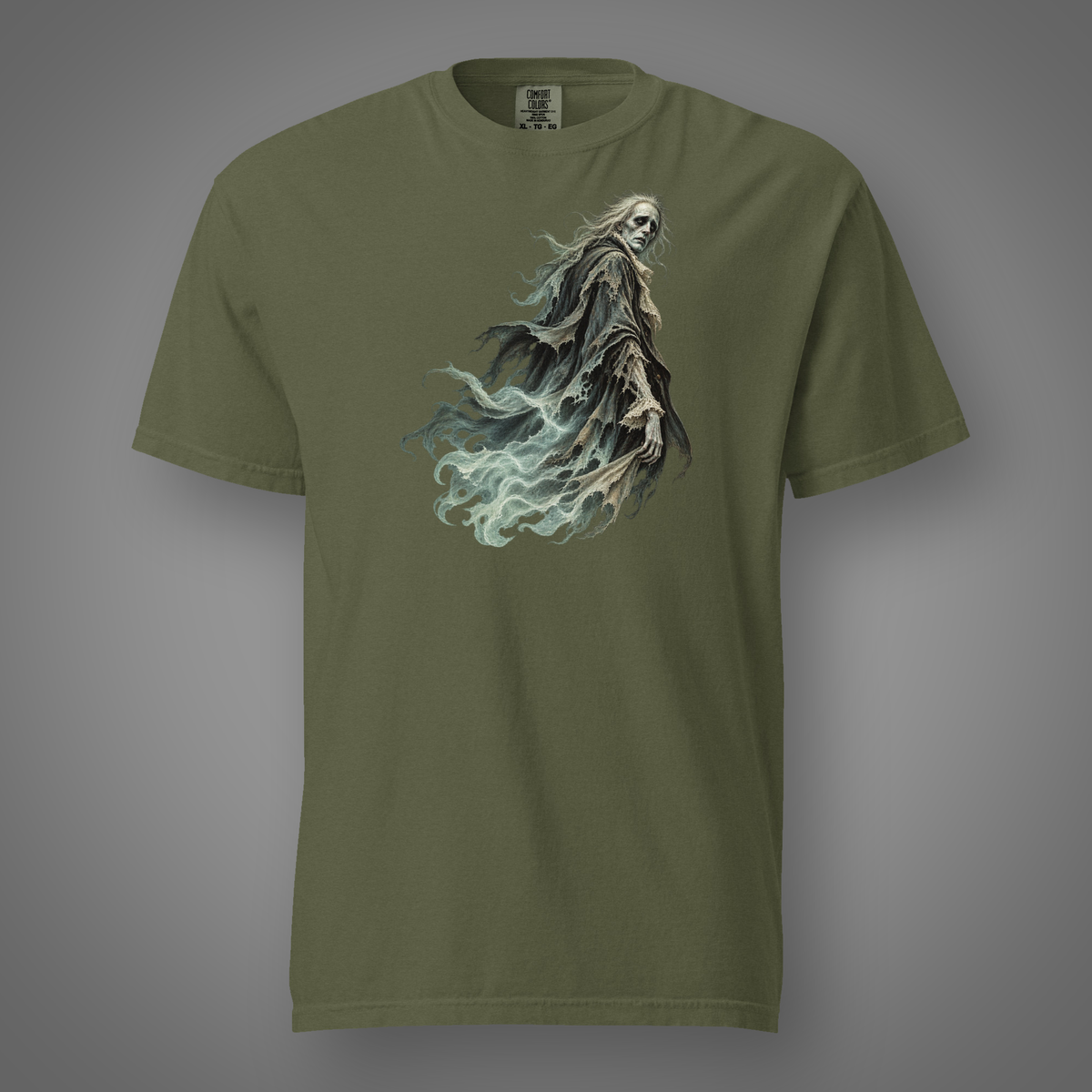 Victorian Ghost – Gothic front-print hemp T-shirt with Candidate H studio background and floating drop shadow