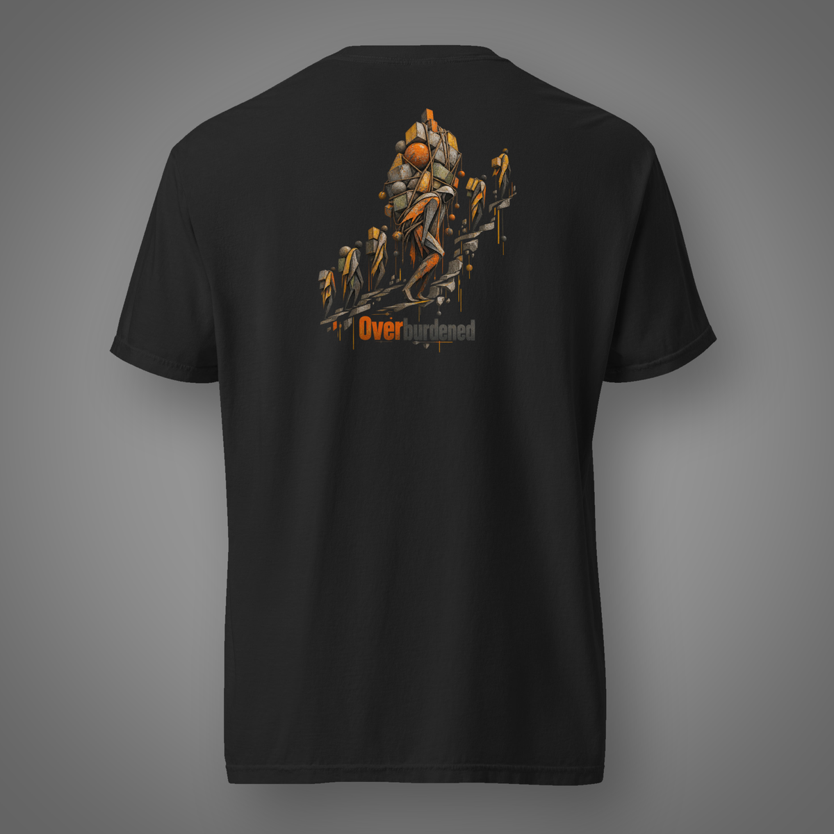 Overburdened – Allegory back-print shirt in black on Candidate H gray studio background