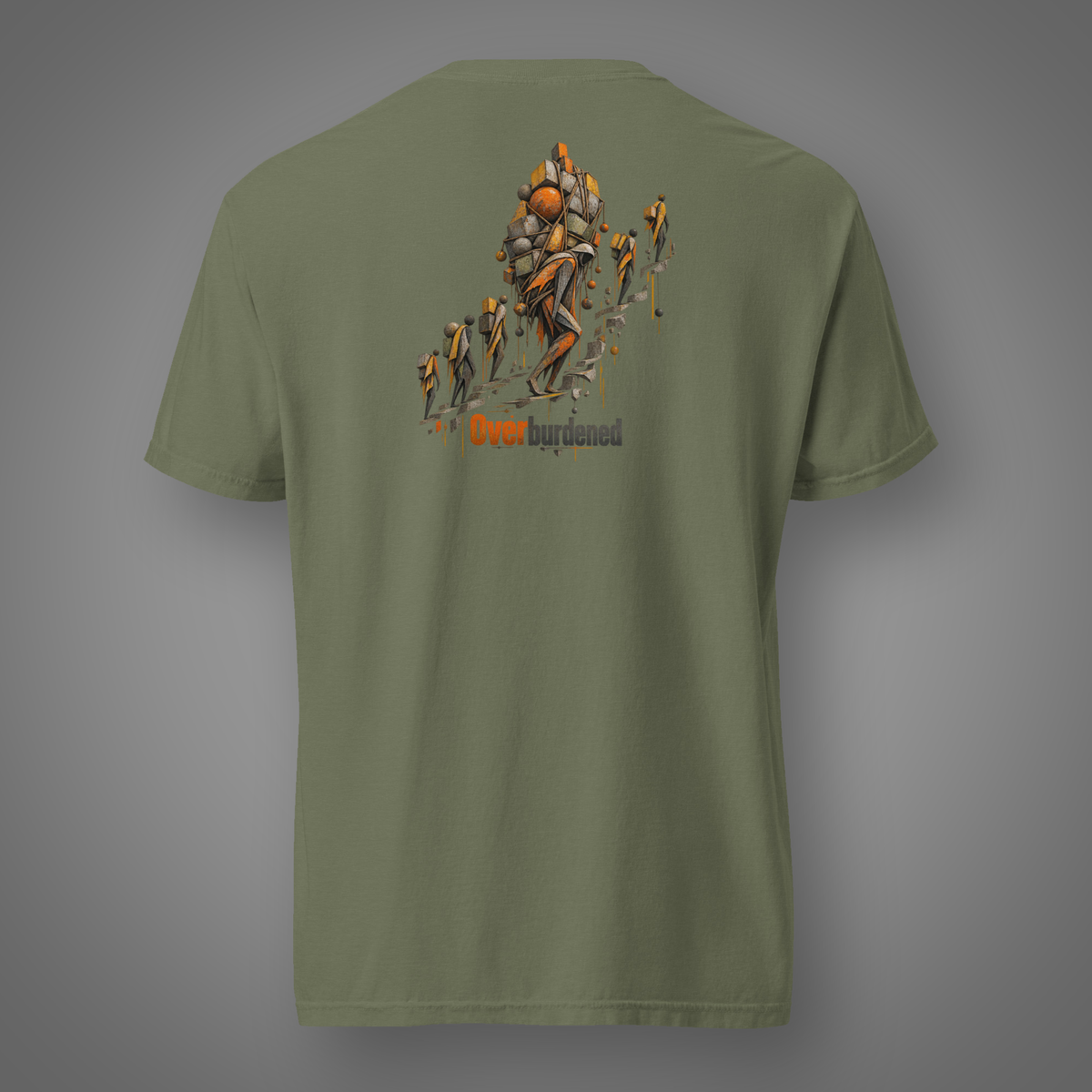 Overburdened – Allegory back-print shirt in moss on Candidate H gray studio background