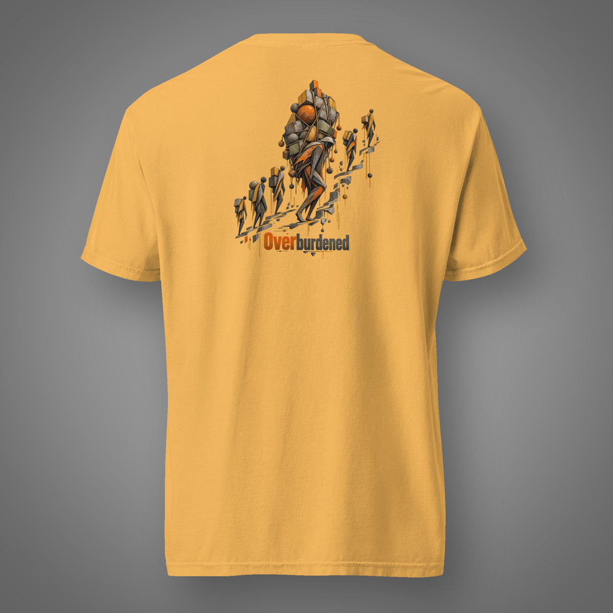 Overburdened – Allegory back-print shirt in mustard on Candidate H gray studio background