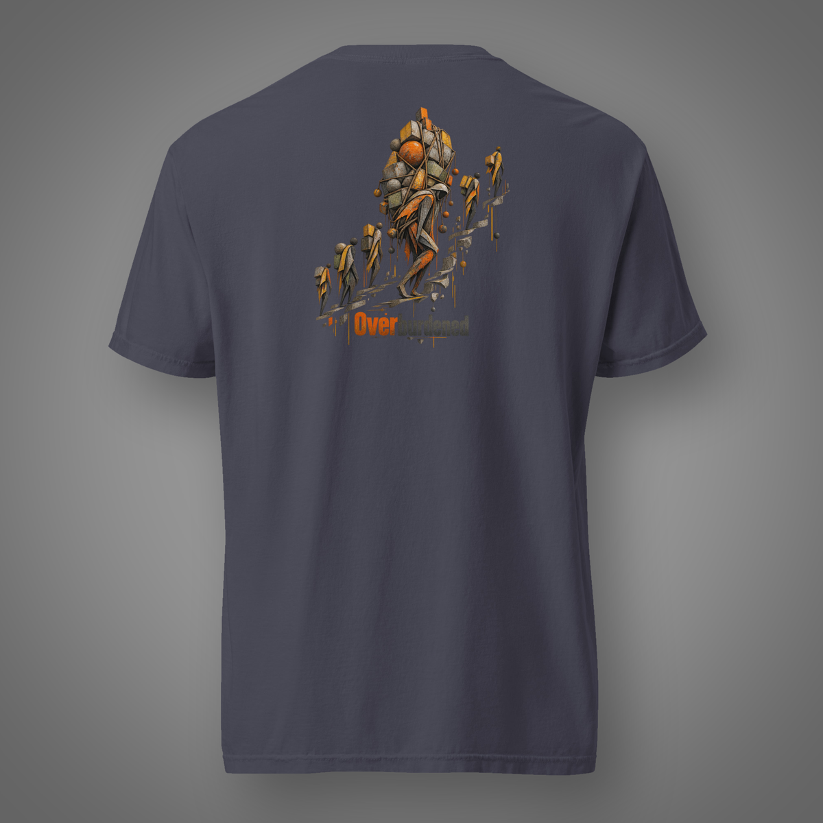 Overburdened – Allegory back-print shirt in navy on Candidate H gray studio background
