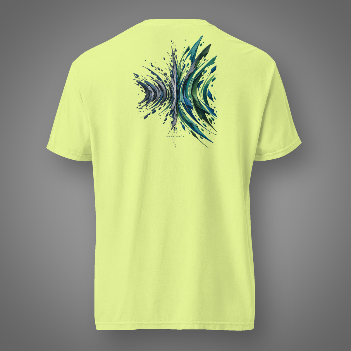 Push Back – Defiance abstract back-print T-shirt in neon lemon on Candidate H studio background