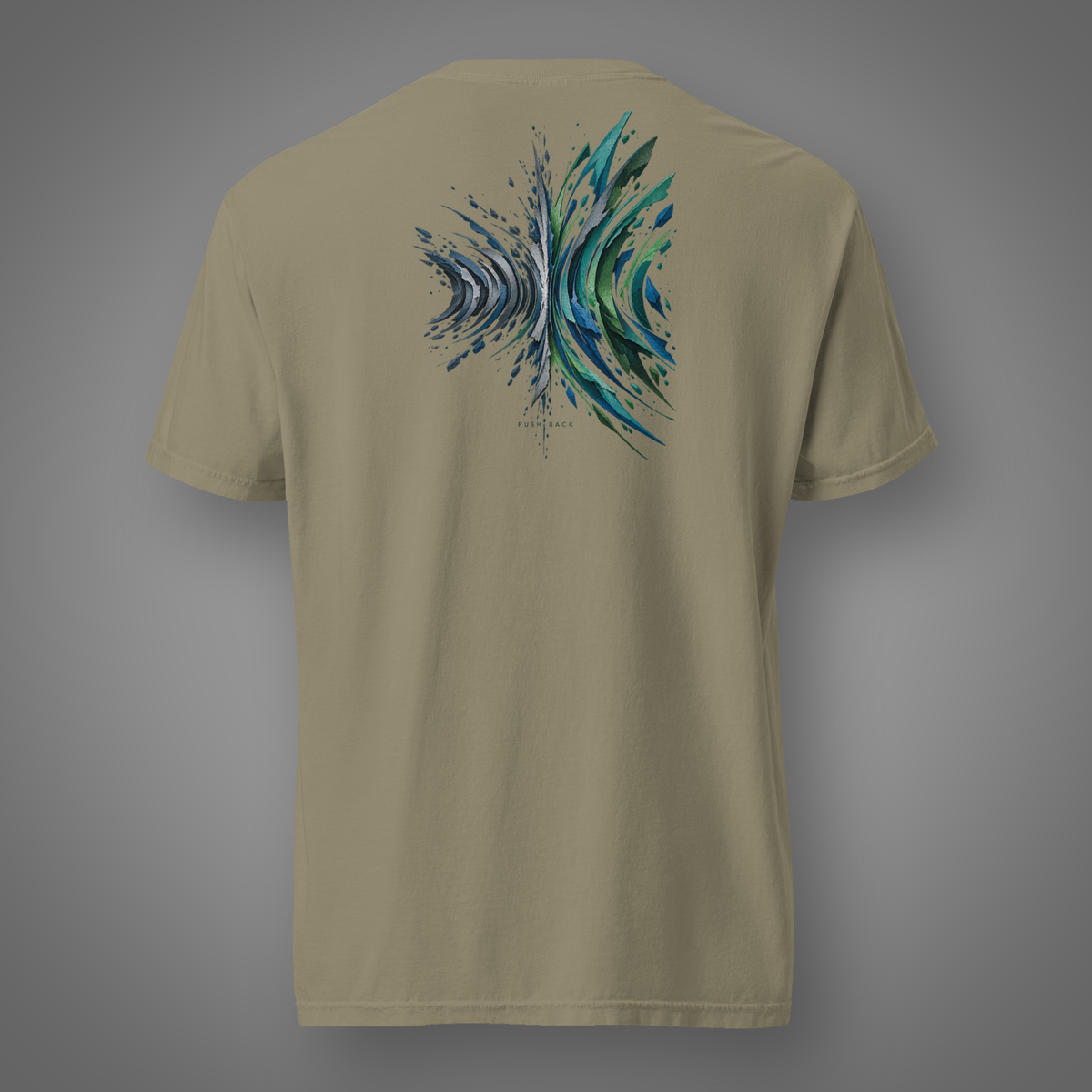 Push Back – Defiance abstract back-print T-shirt in sandstone on Candidate H studio background
