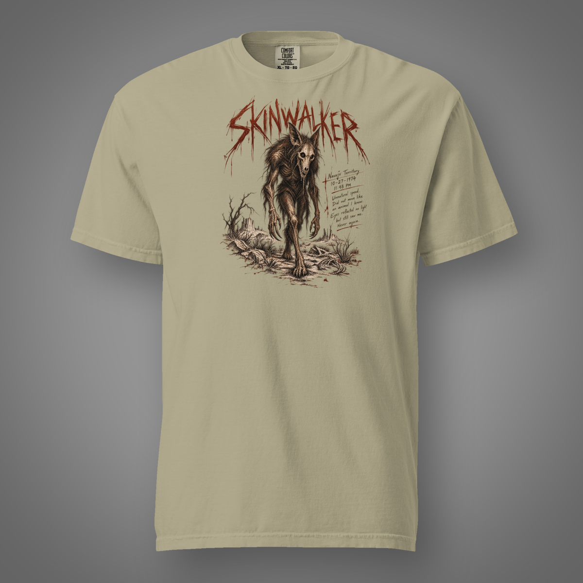 Skinwalker – Folklore front-print graphic T-shirt in khaki, Candidate H studio mockup