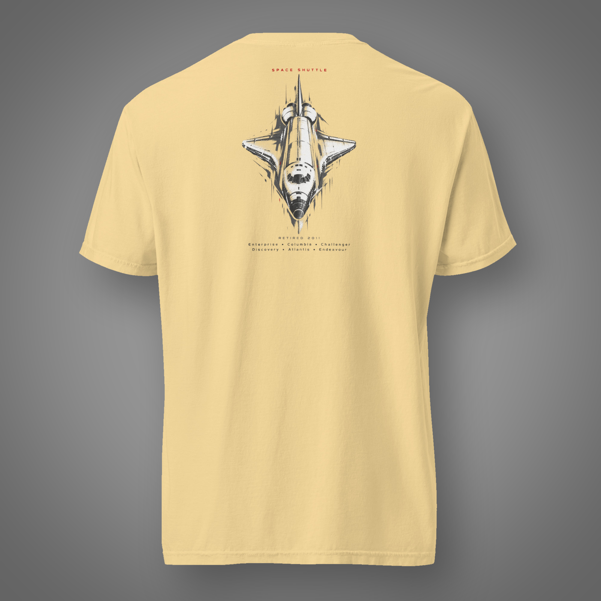 Space Shuttle – Orbiter back-print graphic shirt in butter on gray Candidate H studio background