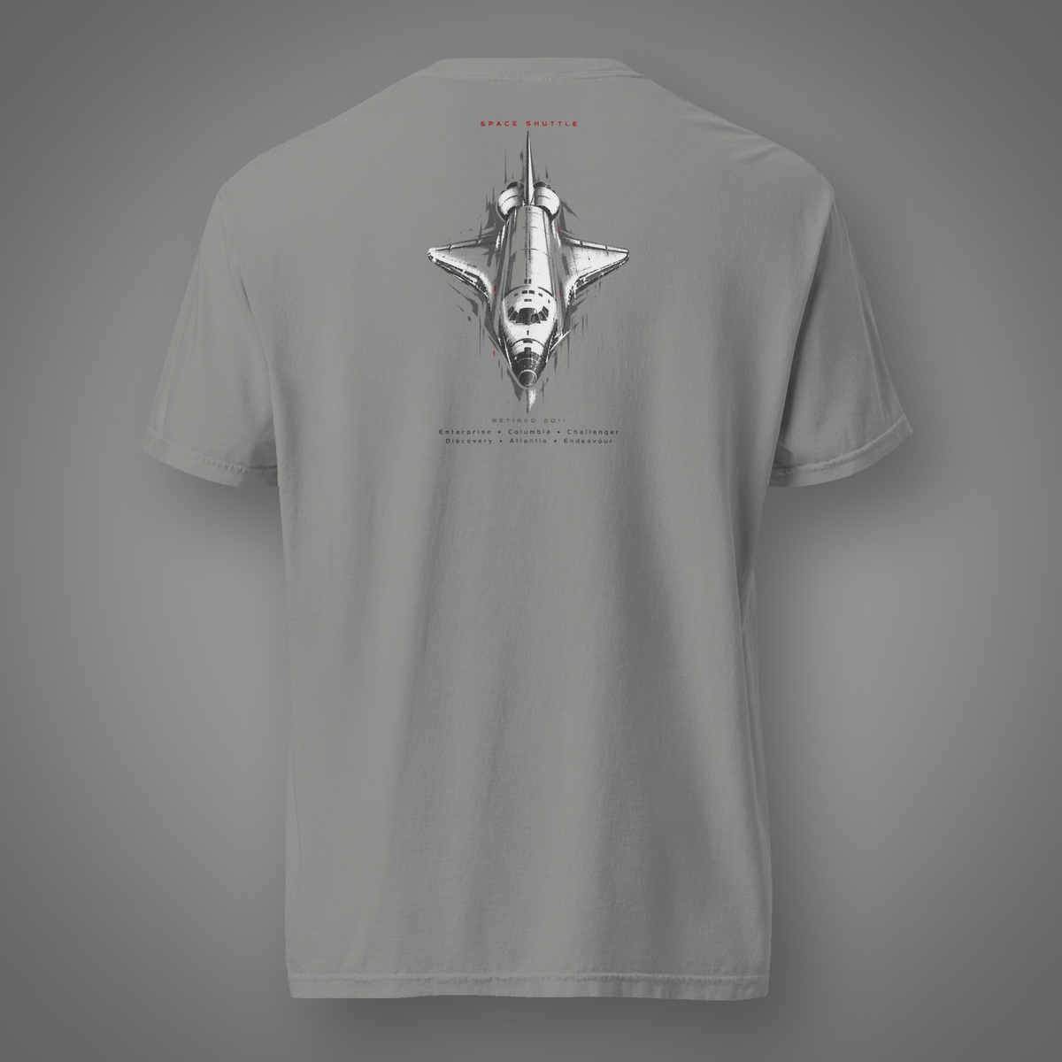 Space Shuttle – Orbiter back-print graphic shirt in grey on gray Candidate H studio background
