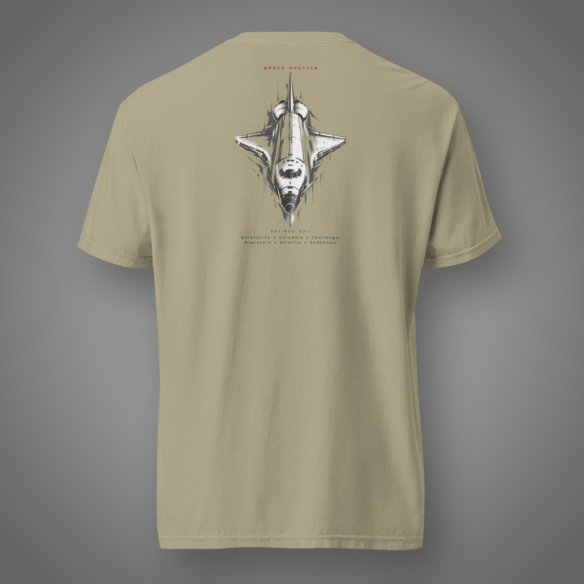 Space Shuttle – Orbiter back-print graphic shirt in khaki on gray Candidate H studio background
