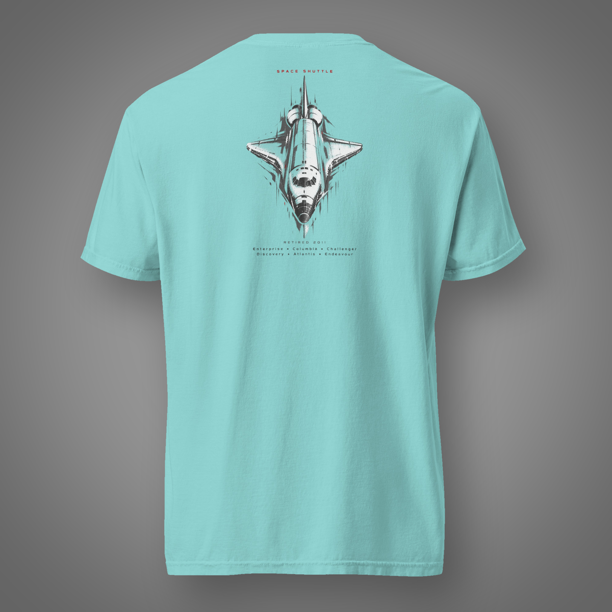 Space Shuttle – Orbiter back-print graphic shirt in lagoon blue on gray Candidate H studio background