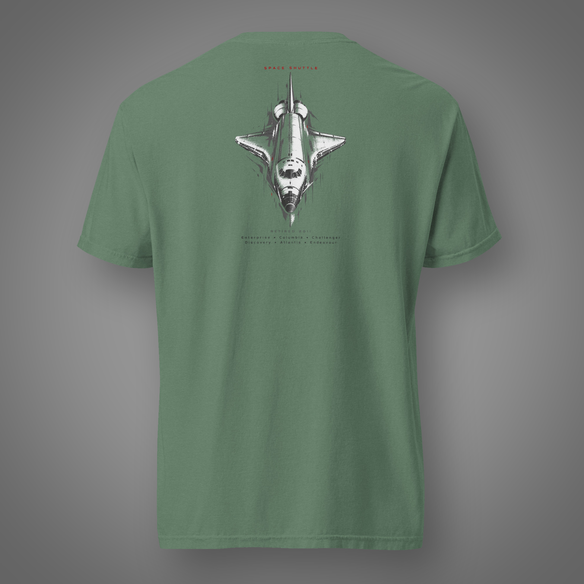 Space Shuttle – Orbiter back-print graphic shirt in light green on gray Candidate H studio background